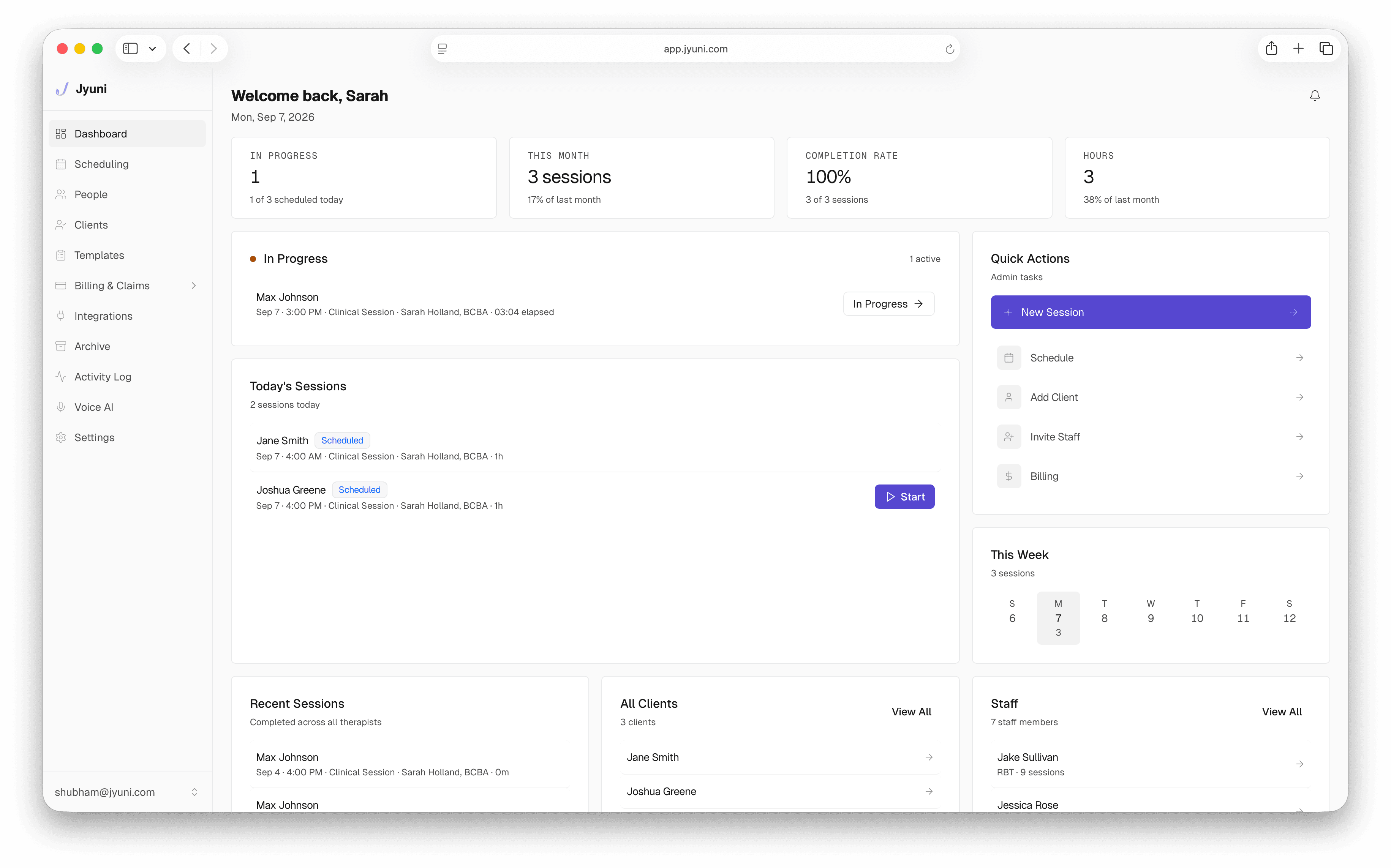 The Jyuni dashboard showing schedule, notes, and billing in one place