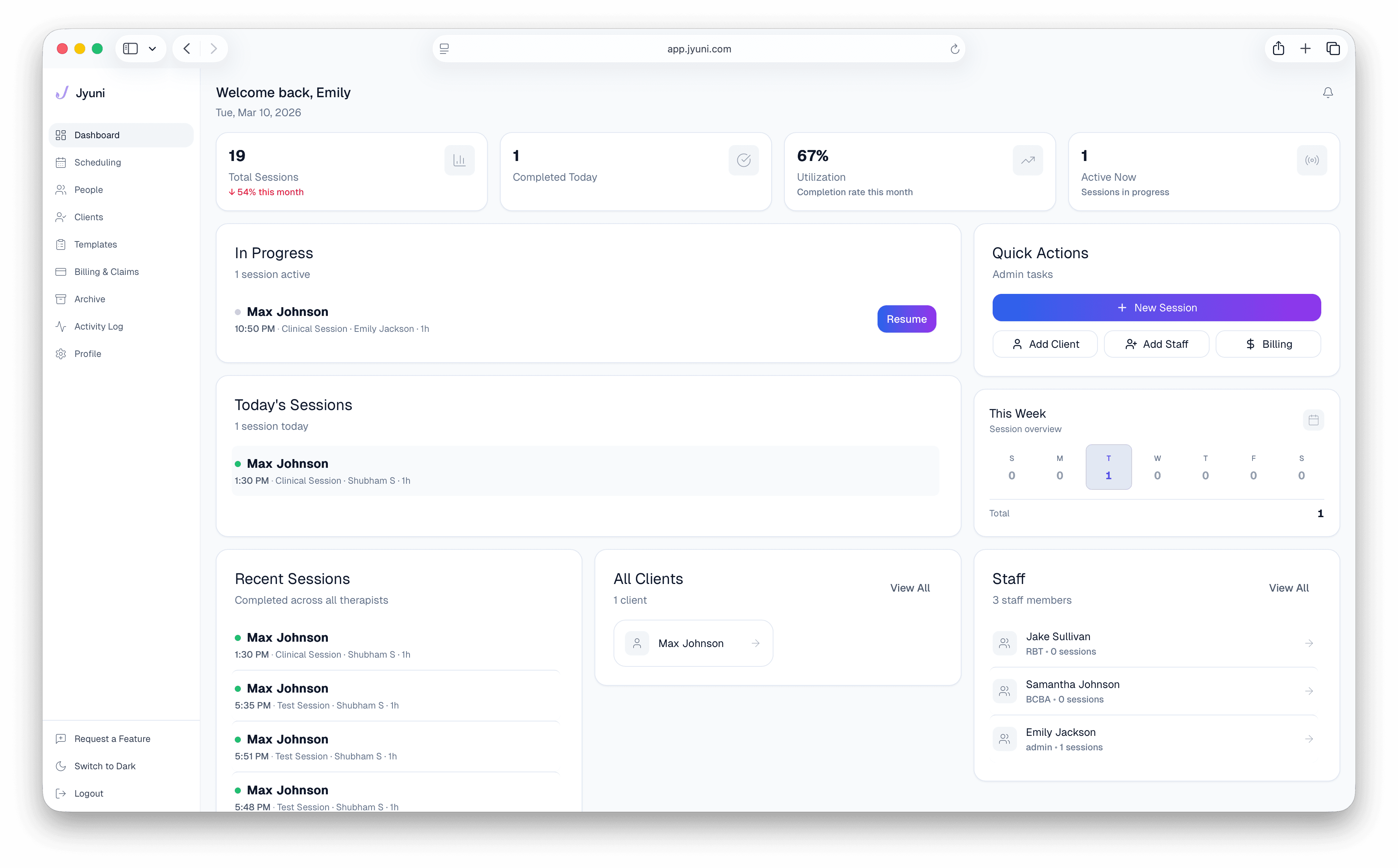 The Jyuni dashboard showing schedule, notes, and billing in one place